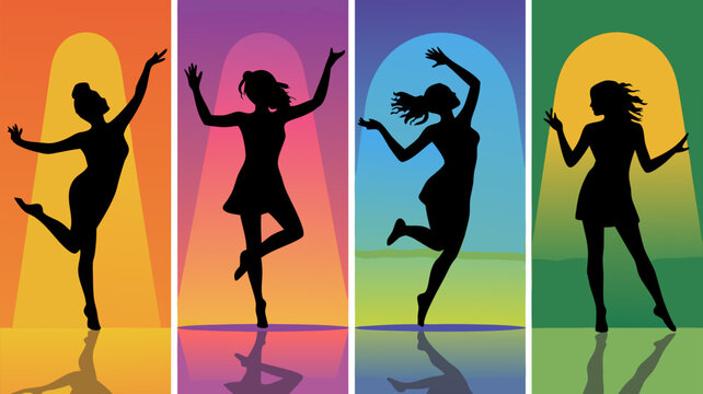 Zumba vector design with vibrant backgrounds, featuring dancing female silhouettes. Suitable for fitness apps, event posters, and dance studio promotions.