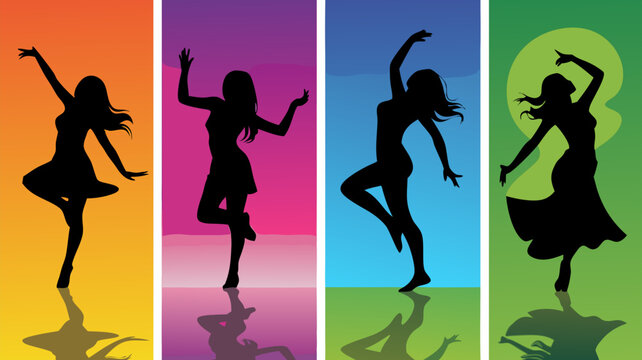 Zumba vector design with vibrant backgrounds, featuring dancing female silhouettes. Suitable for fitness apps, event posters, and dance studio promotions.