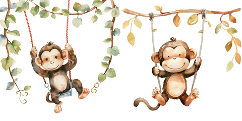 monkey swinging on a vine watercolor vector illustration © Dar