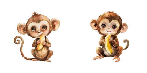 monkey holding banana watercolor vector illustration