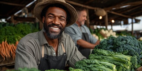 A man in an apron smiles joyfully at a market stall filled with fresh vegetables, including broccoli and carrots. Sense of happiness and the vibrancy of fresh produce. farmers market.