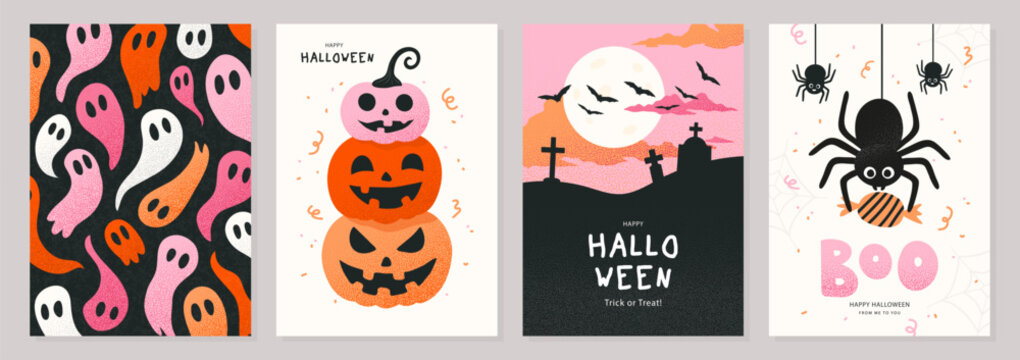 Set of halloween greeting card designs with textured grainy modern illustrations featuring ghost pattern, stack of pumpkins, night cemetery and cute spider, for fall holiday party invitations, vector