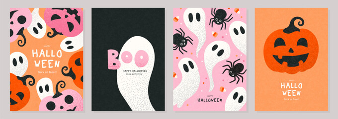 Set of modern Halloween greeting cards including jack o lanterns, spiders and ghosts for spooky autumn holiday party, vector illustration.