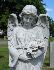 Marble angel sculpture holds roses, in a green, peaceful cemetery