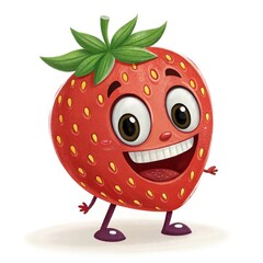 Happy Red Strawberry Cartoon Character with Big Smile on a White Background