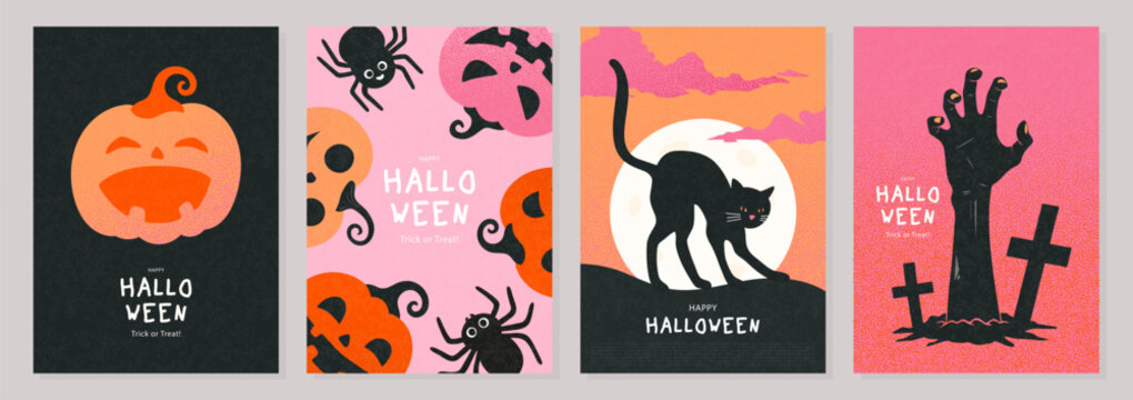 Set of scary Halloween greeting card templates with textured art, featuring a black cat under the full moon, a zombie hand rising from the grave, and spooky jack-o'-lantern designs, vector