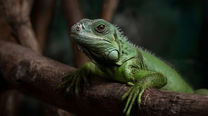 Obraz premium A green iguana climbing on a branch inside a tropical terrarium
