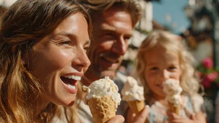 Joyful family shares ice cream treat in sunny park creating happy memory