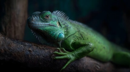 Obraz premium Green iguana climbing on a branch inside a tropical terrarium