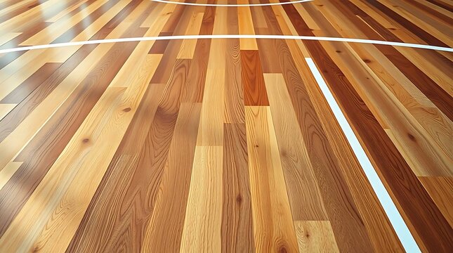 Close up of a detailed basketball court floor made of various shades of wood