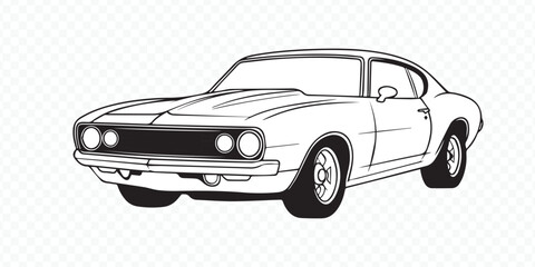 Obraz premium classic muscle car outline illustration, monochrome vector sketch of vintage automobile, black and white line art design