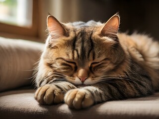 Naklejka premium Domestic Cat Sleeping with Paw Over Eyes in Warm Cozy Corner, Minimal Light Background Scene