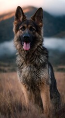 Naklejka premium German shepherd standing proudly in a scenic mountain field