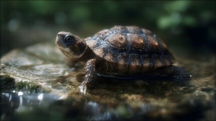 Fototapeta premium Turtle crawling across a rock in a shallow pond