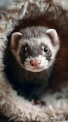 Curious ferret peeking out from a tunnel toy in an indoor play area