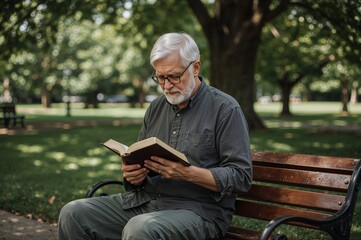 Fototapeta premium An elderly man with glasses reading a book on a bench in a park on a sunny day outdoors peacefully