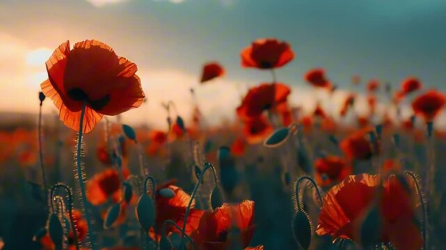 Red poppies flowers field for Remembrance day