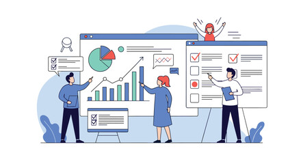 Business professionals collaborating on financial reports and project management tasks using digital data visualization tools and analytics dashboards