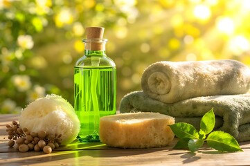 Zen Spa and Wellness: Invigorating spa still life, essential oil bottle with towels and other spa elements in an outdoor setting. Capturing a sense of peace, relaxation, and well-being.
