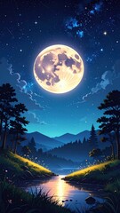 Fototapeta premium Glowing moon and stars over a serene river landscape
