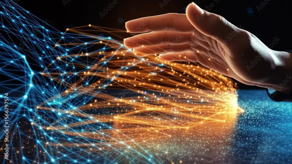 Leinwandbilder Connection and innovation: A hand reaches out towards a glowing network of interconnected data streams, representing the power of technology, knowledge, and limitless possibilities.