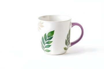 Floral Mug: A charming ceramic mug adorned with a delicate botanical print of leaves and flowers, featuring a purple handle.  The design is simple yet elegant, perfect for everyday use.