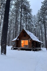 Snow-Covered Cabin in Forest