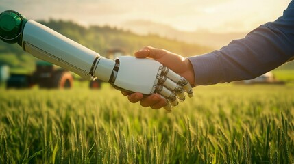 A human and a robot handshake in a green field at sunset, symbolizing collaboration between technology and nature.