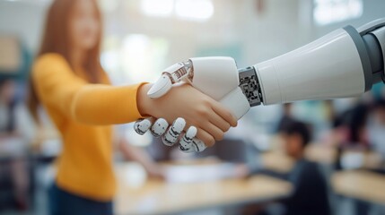 A human and a robot are shaking hands, symbolizing collaboration and connection between humans and artificial intelligence.