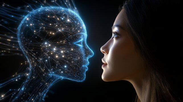 A woman faces a glowing, digital humanoid figure made of interconnected light nodes and lines, symbolizing the fusion of human and artificial intelligence.