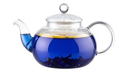 Glass teapot steeping vibrant blue butterfly pea tea with lemon slices