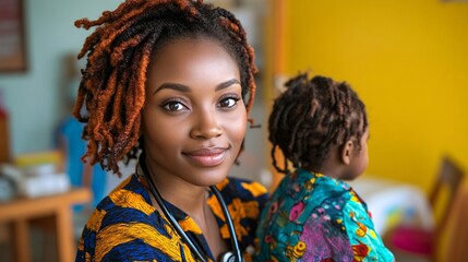 african female healthcare professional with child in colorful pediatric clinic setting
