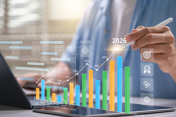 Business growth and future target trend analysis. with bar and line chart business forecast, data...