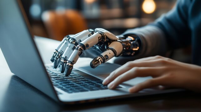 A robotic hand and a human hand simultaneously typing on a laptop keyboard, symbolizing collaboration between humans and technology.