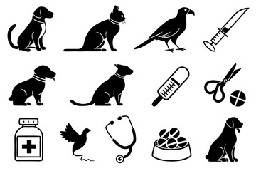 Collection of 20 diverse pet and veterinary service icons in black and white