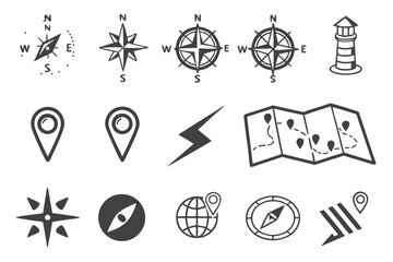 Minimalist black and white map navigation icons set for digital applications