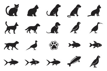 Collection of 25 minimalist pet and animal silhouettes in black and vibrant colors
