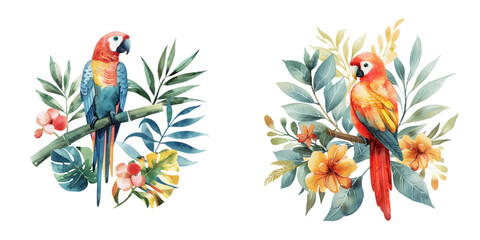 parrot and tropical leaves watercolor vector illustration © Dar