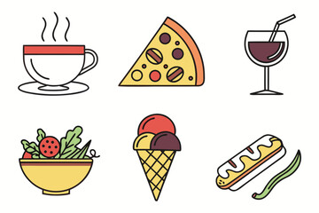 Collection of 25 diverse food and beverage icons in vibrant colors