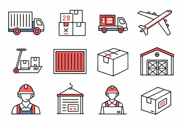 Set of 20 shipping and logistics icons in black and yellow