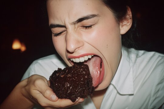 Woman with dark hair hungrily enjoys a decadent chocolate dessert.