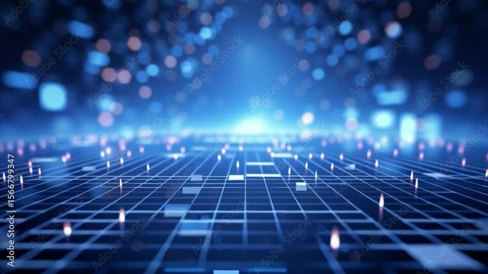 Poster Digital Grid: Abstract digital landscape with glowing grid lines, data points, and bokeh lights, conveying concepts of connectivity, technology, and data flow.