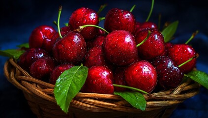 A bountiful collection of fresh ripe red cherries with glistening water droplets in a rustic wicker basket on a dark background.