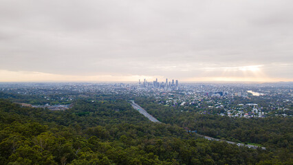 Obraz premium Brisbane skyline emerging from lush green forest at dawn under cloudy sky