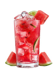  Watermelon Juice with Ice in a Transparent Glass on Transparent Background