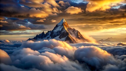 A majestic snowcapped mountain peak rises above a sea of clouds at sunset