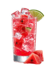  Watermelon Juice with Ice in a Transparent Glass on Transparent Background