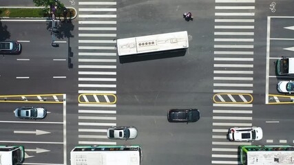 Capturing aerial view of busy city road traffic with crosswalks and vehicles in motion during daylight hours