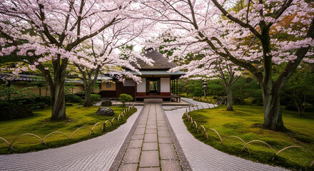 A serene Japanese garden path, lined with cherry blossoms and a traditional tea house.