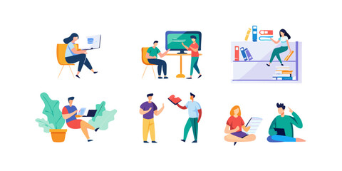 Colorful cartoon vector illustration set of diverse people including a woman with colorful hair and hands, and a man with a group of business icons